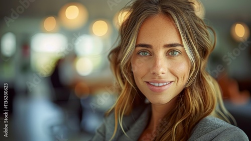 Wallpaper Mural A confident young woman with bright eyes and a warm smile stands in a modern office setting, radiating professional poise, optimism, and youthful energy. Torontodigital.ca