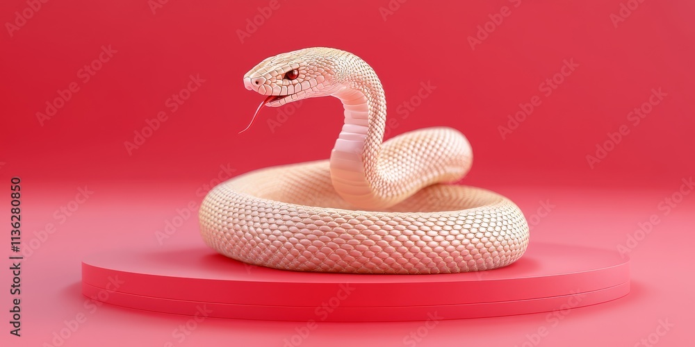 Fototapeta premium Albino Cobra on Pink Platform: A striking, close-up image of a white albino cobra, its scales gleaming against a vibrant pink backdrop. The snake's forked tongue flickers out.
