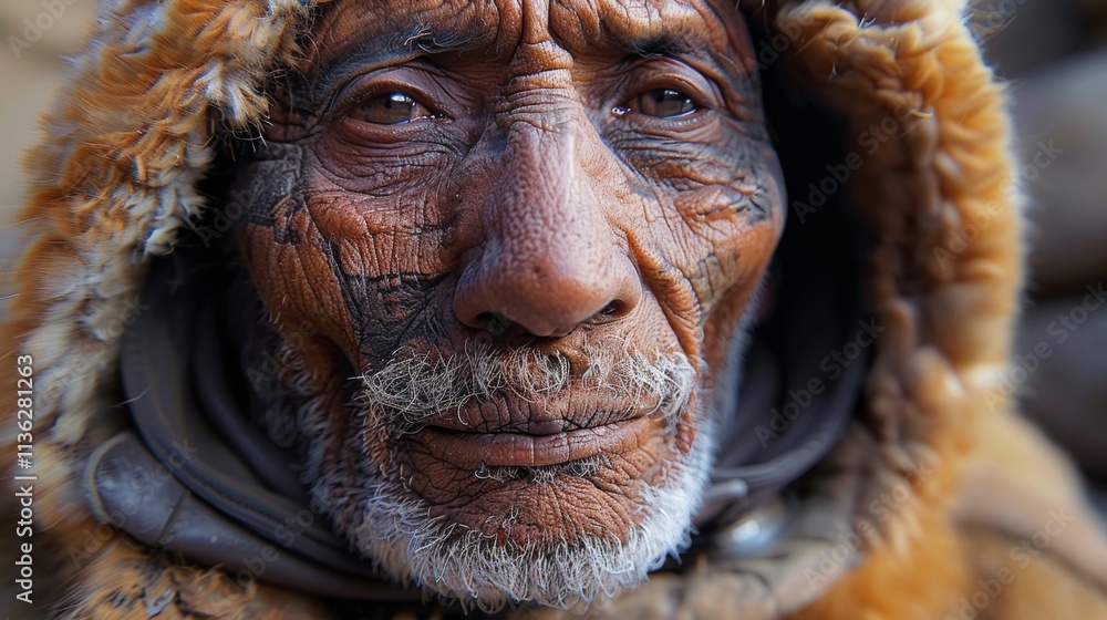 Close-up portrait of an elderly man with distinct tribal tattoos, wearing a warm fur-lined hood, reflecting cultural heritage and resilience in his intense gaze. Close-up portrait of an elderly man with distinct tribal tattoos, wearing a warm fur-lined hood, reflecting cultural heritage and resilience in his intense gaze.