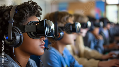 Group of School Children Wearing VR Glasses for an Innovative Learning Experience