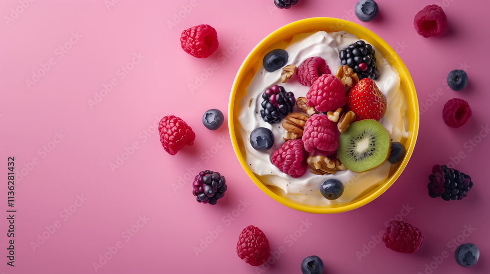 Top View of Colorful Yogurt Dessert with Berries and Walnuts Top View of Colorful Yogurt Dessert with Berries and Walnuts