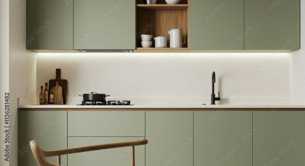 Modern minimalist kitchen, sage green cabinets, wooden accents, open shelving, built-in appliances, white countertop, stainless steel sink, cooking utensils, sleek design, contemporary aesthetic, orga Modern minimalist kitchen, sage green cabinets, wooden accents, open shelving, built-in appliances, white countertop, stainless steel sink, cooking utensils, sleek design, contemporary aesthetic, orga