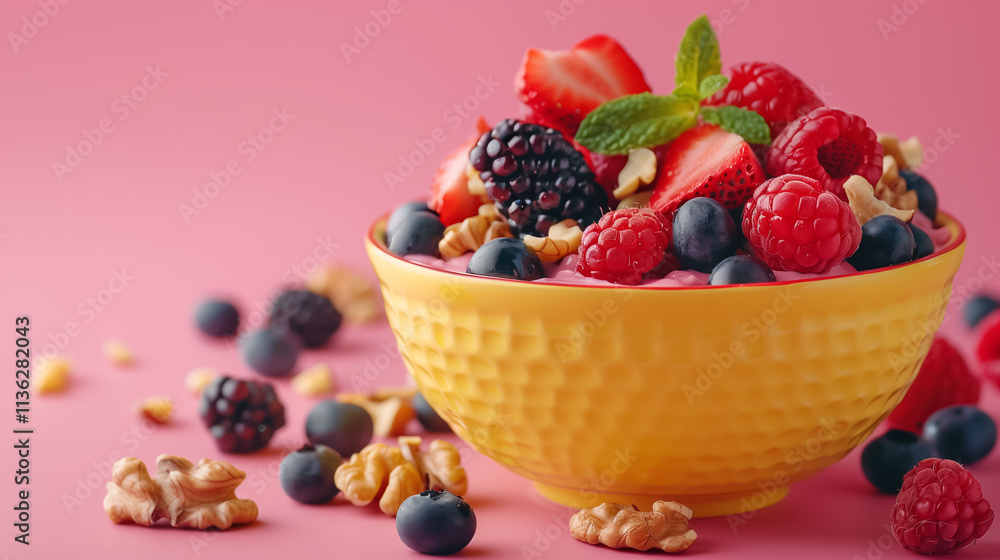Yogurt topped with raspberry blueberry nuts in yellow bowl on pink background Yogurt topped with raspberry blueberry nuts in yellow bowl on pink background
