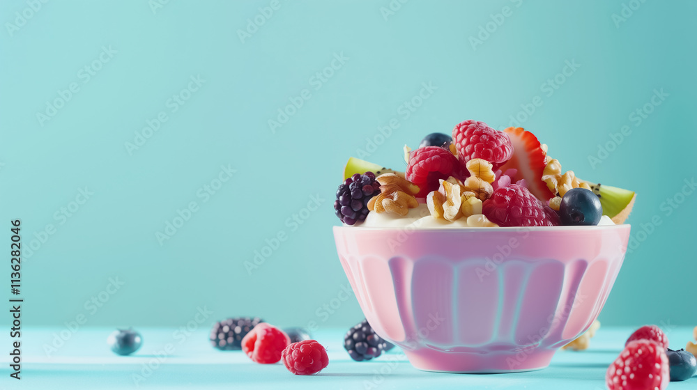 Vibrant Breakfast with Mixed Berries in a Pink Bowl on Blue Food Background Vibrant Breakfast with Mixed Berries in a Pink Bowl on Blue Food Background