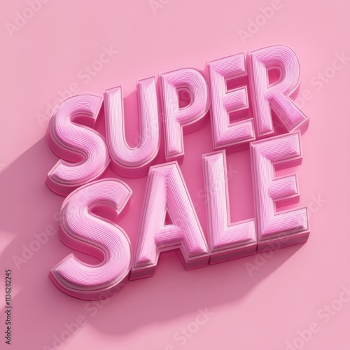 Bright pink super sale announcement in bold 3D letters against a pastel pink background showcasing a promotional offer