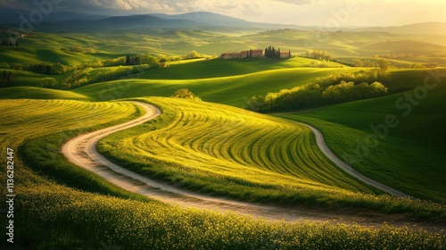 Tuscan Countryside Sunset: Rolling Hills, Winding Road, Golden Hour