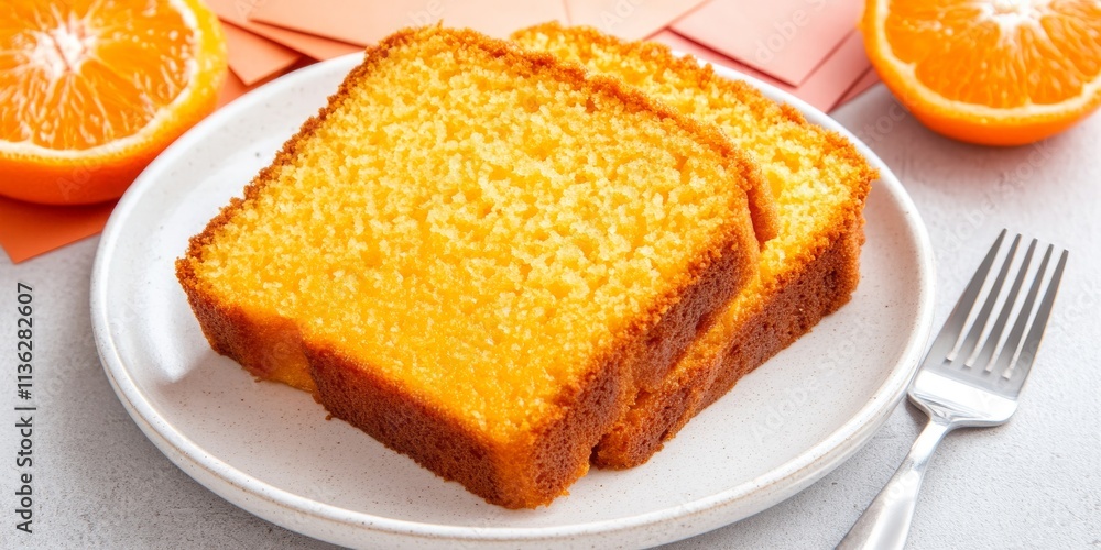 Orange Delight: Two slices of moist orange loaf cake on a plate, next to fresh oranges and a fork. A tempting image perfect for baking blogs, cookbooks, and food websites. Orange Delight: Two slices of moist orange loaf cake on a plate, next to fresh oranges and a fork. A tempting image perfect for baking blogs, cookbooks, and food websites.