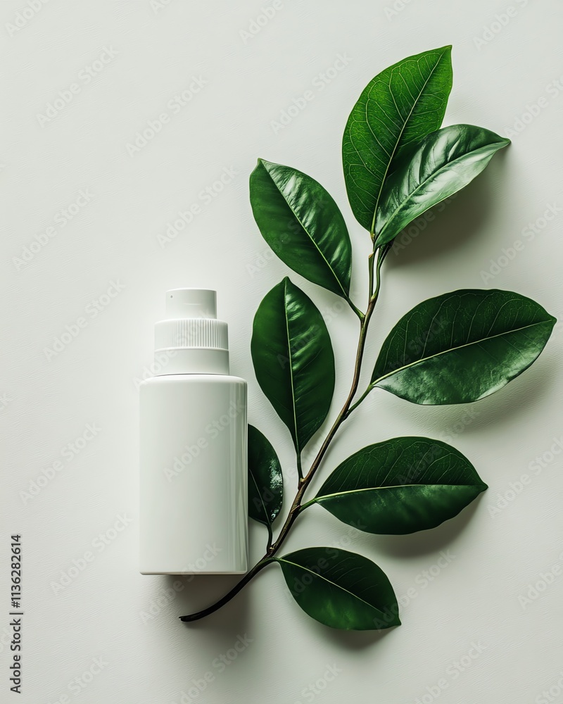 Closeup of a white cosmetic bottle with a lush green leaf, minimalist style, soft white background, detailed highquality shot Closeup of a white cosmetic bottle with a lush green leaf, minimalist style, soft white background, detailed highquality shot