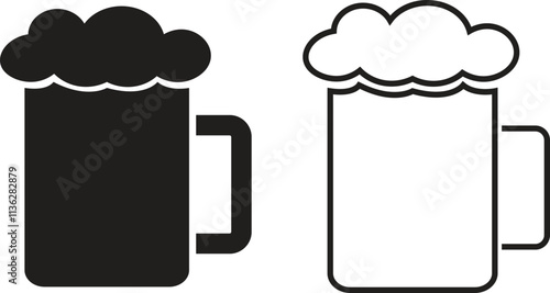 Depiction of frothy beer mug icon set isolated on transparent background. Ideal for pubs, breweries, and beer enthusiasts seeking vintage charm black flat and line vector collection drink glass symbol