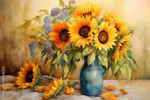 Wallpaper Mural bouquet of sunflowers in a vase on the table still life., watercolor style,  Torontodigital.ca
