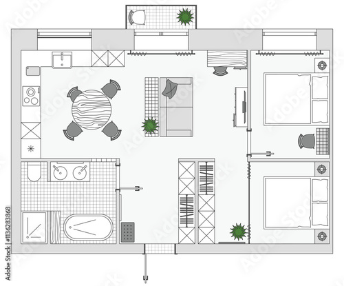Architectural plan view from above. Apartment with kitchen and bedroom. Floor plan with furniture placement, top view. The interior design project. Vector