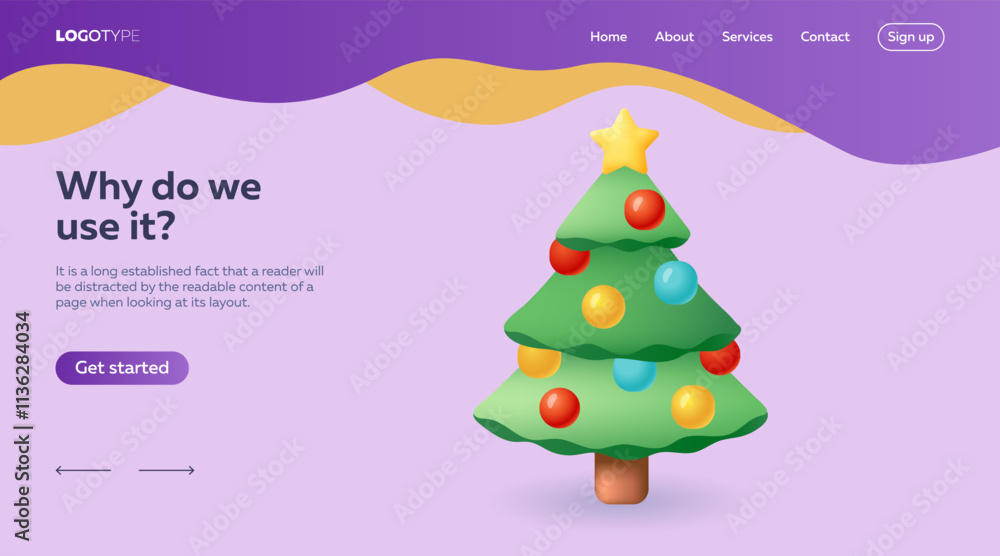 Fototapeta premium Christmas tree with decorations 3D illustration for landing page design. Green fir tree with colorful baubles and golden star vector illustration. Christmas, New Year, winter holidays concept
