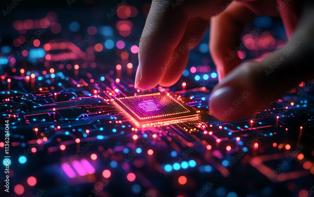 Futuristic AI circuit board symbol on businessman s hand, finger touching electronic PCB icon, bathed in neon cyberpunk lighting and cyberspace atmosphere Futuristic AI circuit board symbol on businessman s hand, finger touching electronic PCB icon, bathed in neon cyberpunk lighting and cyberspace atmosphere