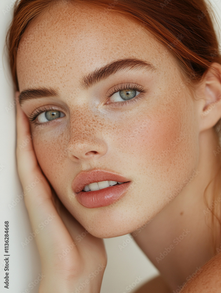 Naklejka premium Natural beauty portrait with freckled skin in soft light