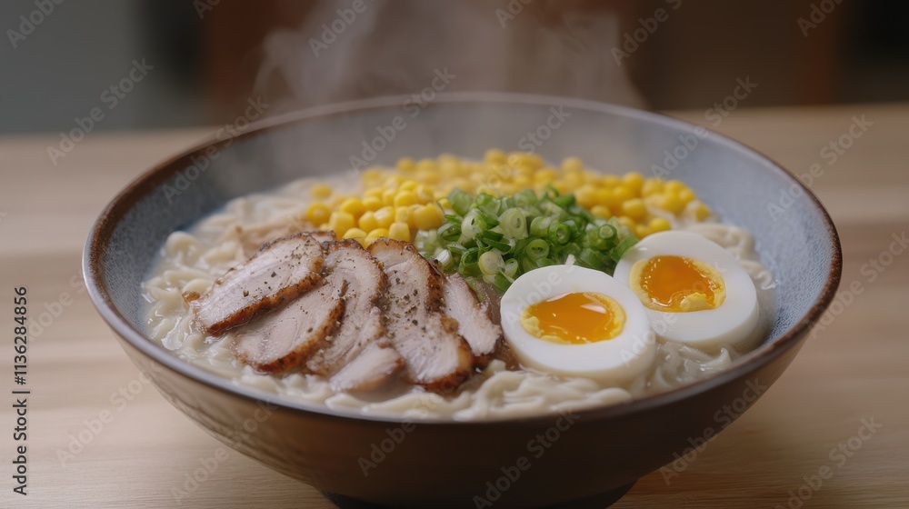 A steaming bowl of ramen with sliced pork, corn, green onions, and soft-boiled eggs, capturing the warmth and comfort of this flavorful dish. A steaming bowl of ramen with sliced pork, corn, green onions, and soft-boiled eggs, capturing the warmth and comfort of this flavorful dish.