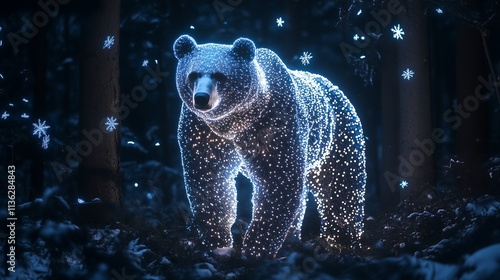 A glowing holographic bear made entirely of radiant white light, standing in a dark, mysterious forest, creating an ethereal and otherworldly atmosphere. photo