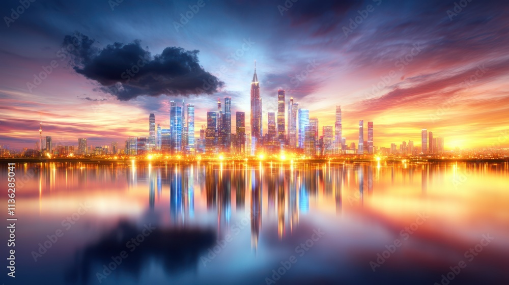 Fototapeta premium A vibrant city skyline at sunset, reflecting beautifully on water, showcasing modern architecture and a dramatic sky filled with clouds.