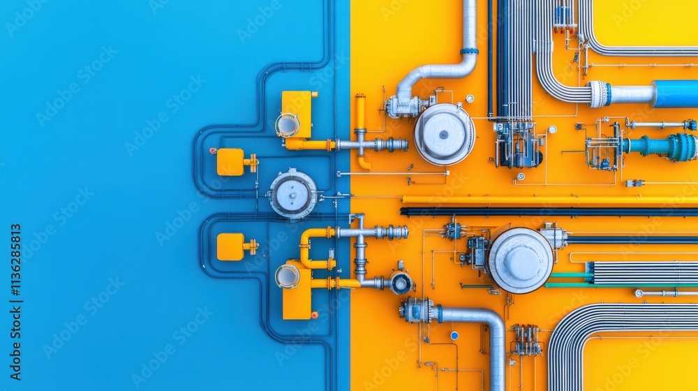 Abstract industrial design featuring colorful pipes and valves against a blue and yellow background. Abstract industrial design featuring colorful pipes and valves against a blue and yellow background.