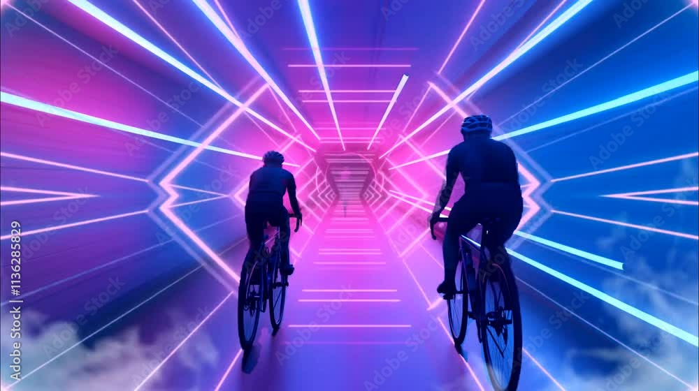 Two cyclist riding through a vibrant neon light tunnel Two cyclist riding through a vibrant neon light tunnel
