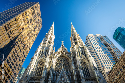 St. Patrick's Cathedral on 5th Avenue in Manhattan, New York City, USA, surrounded by Skyscrapers