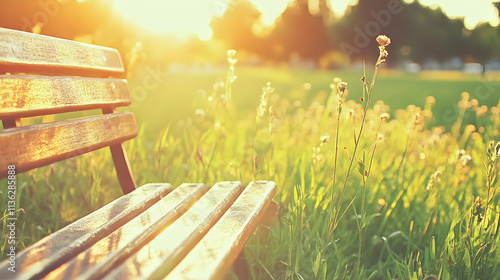 Wooden park bench at sunset, surrounded by tall grass. photo