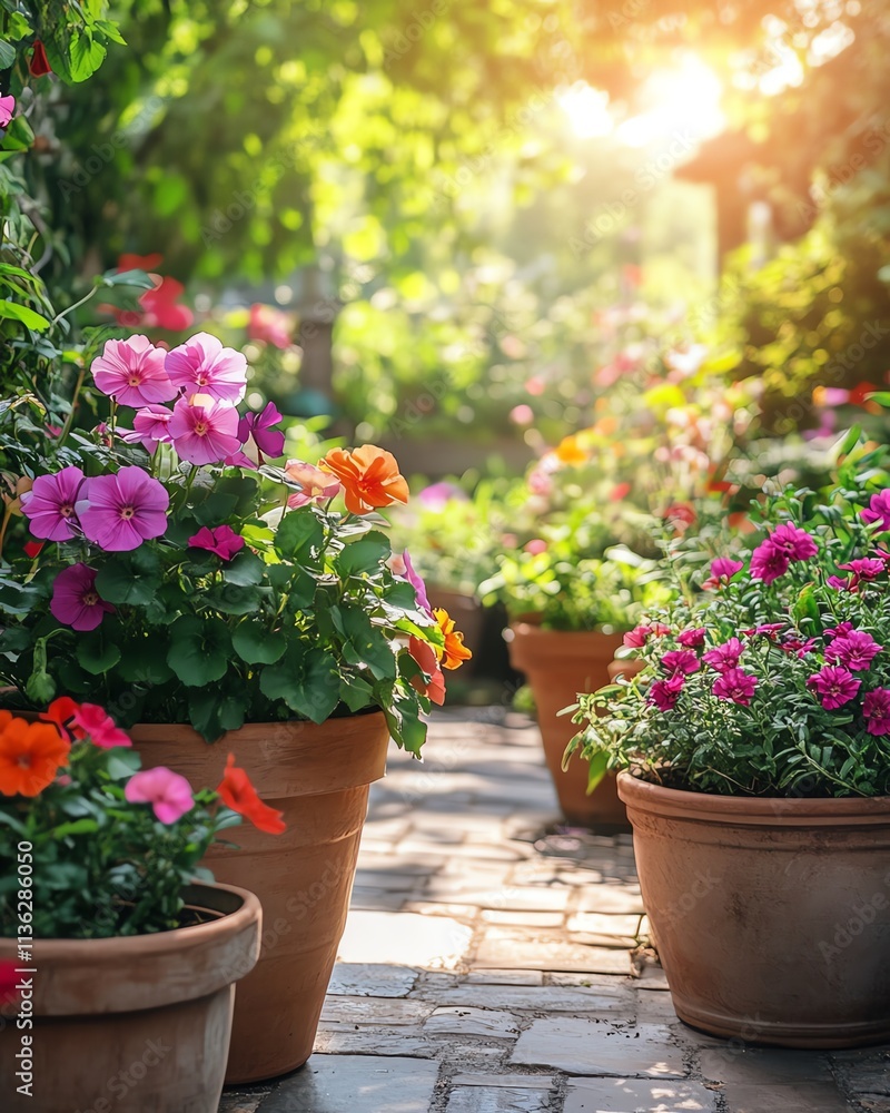 Spring or summer garden with flowerpots filled with colorful flowers, lush green plants, warm sunlight filtering through, cheerful gardening scene Spring or summer garden with flowerpots filled with colorful flowers, lush green plants, warm sunlight filtering through, cheerful gardening scene