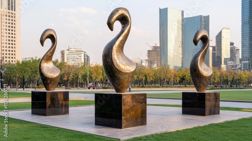 Three elegant, abstract bronze sculptures resembling swans stand in a park against a backdrop of modern skyscrapers. photo