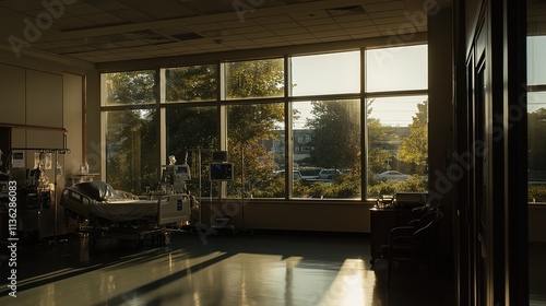 Recovery room bathed in warm sunlight, symbolizing hope and renewal in healing spaces.