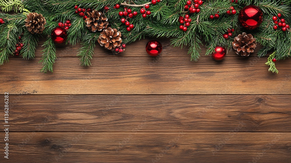 Christmas decoration border on rustic wood background with copy space Christmas decoration border on rustic wood background with copy space