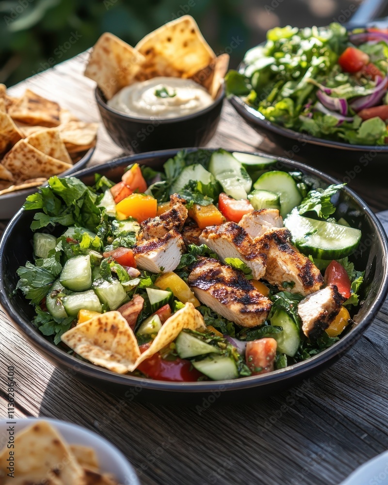 A vibrant salad with grilled chicken, fresh vegetables, and tortilla chips on a wooden table. A vibrant salad with grilled chicken, fresh vegetables, and tortilla chips on a wooden table.
