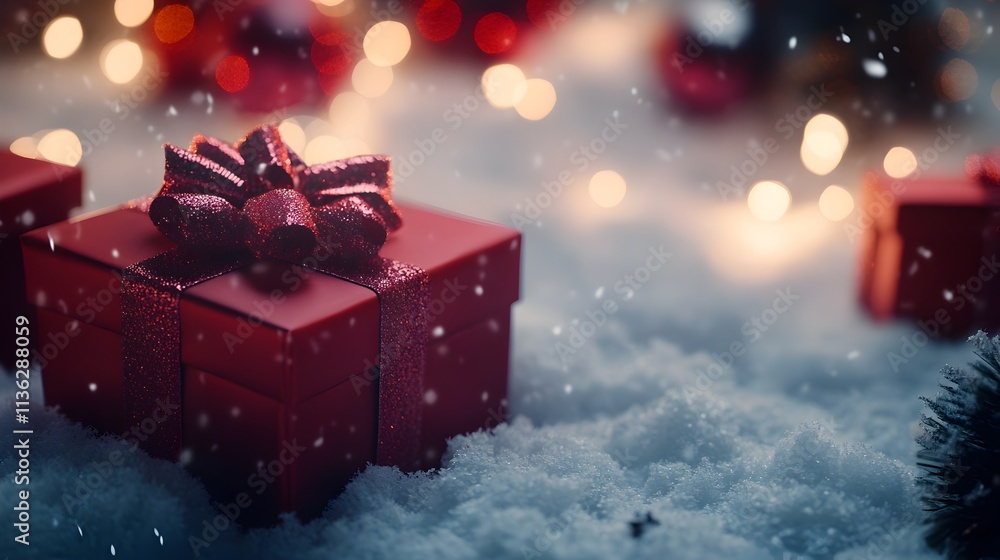 Red Christmas Gift in Snowfall Red Christmas Gift in Snowfall