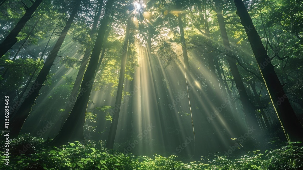 Fototapeta premium A vibrant forest, dense, vibrant, and lush. Light is pouring in from above.