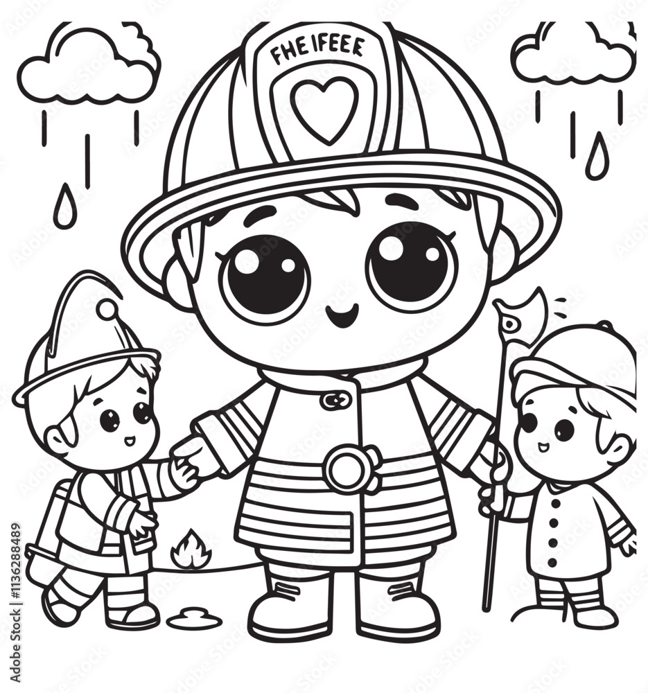 Coloring page firefighter with kids illustration Coloring page firefighter with kids illustration