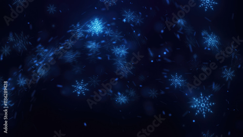 Photography Luminescent blue snowflakes in a dark atmosphere, creating a cold, enchanting wi