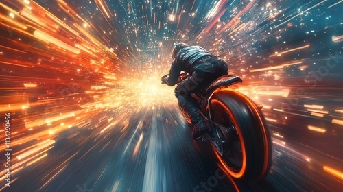 Biker riding futuristic motorcycle through spacetime tunnel at warp speed photo