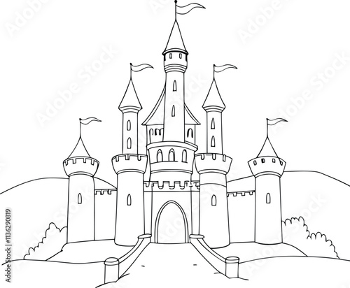 Royal Castle With Flag Outline Doodle Summer Coloring Book For Kids Line Art Illustration