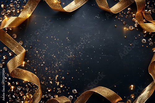 Elegant Gold Ribbon and Sparkling Gems on Dark Background