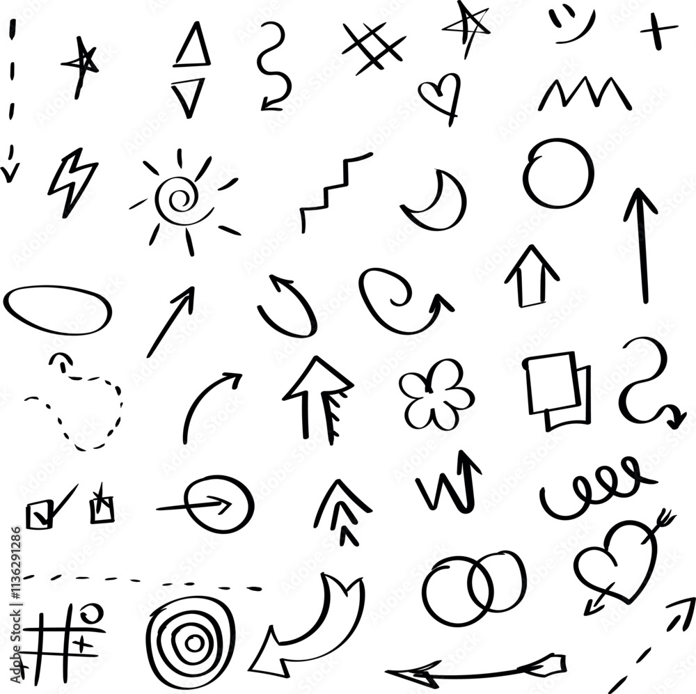 The image contains a variety of hand-drawn doodles and symbols, including arrows, geometric shapes, hearts, stars, spirals, and other abstract shapes scattered randomly on a white background.
The image contains a variety of hand-drawn doodles and symbols, including arrows, geometric shapes, hearts, stars, spirals, and other abstract shapes scattered randomly on a white background.
