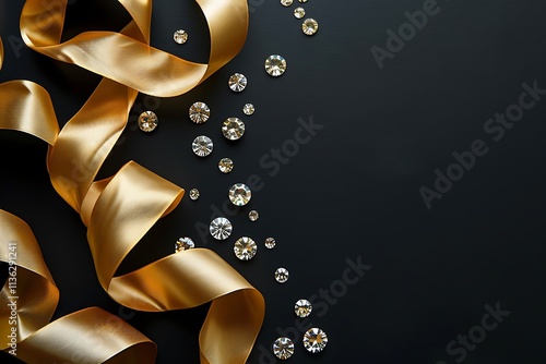 Elegant Golden Ribbon and Sparkling Gems on Black Background