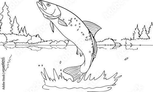 One Black Line Art Drawing Illustration Of A Fish Jumping Out Of The Water In A Lake