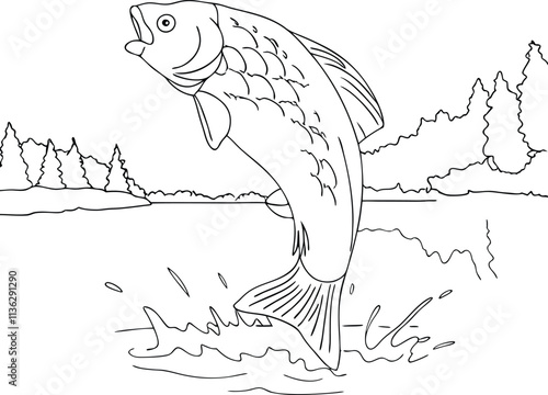One Black Line Art Drawing Illustration Of A Fish Jumping Out Of The Water In A Lake