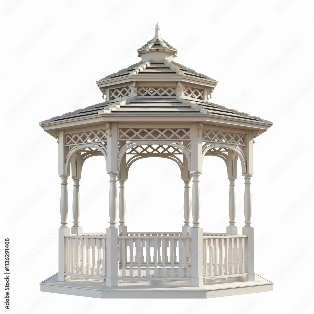 Obraz premium Octagonal gazebo with white wooden structure and gray roof tiles isolated on white background