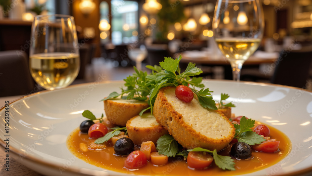 Experience fine dining with a beautifully plated gourmet meal. Vibrant, fresh ingredients and artistic presentation showcase culinary excellence in a luxurious restaurant ambiance.