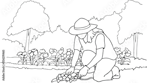 Continuous Black Line Art Drawing Of A Gardener Planting Plants For Saving Earth. Global Earth Day.