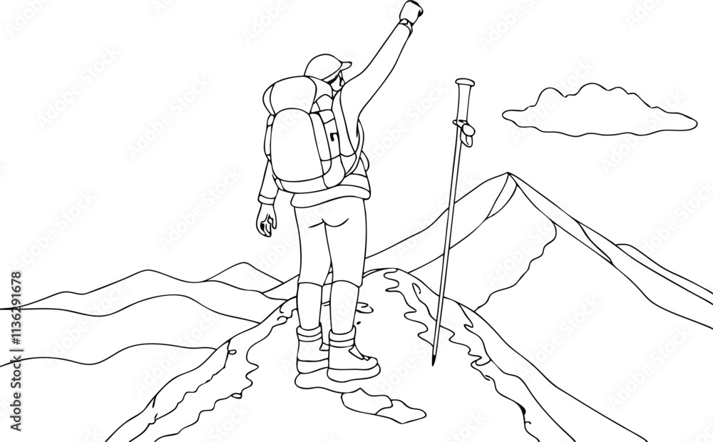 Naklejka premium A Hiker Reaching The Peak Of A Mountain Hand Drawn One Line Art Drawing Illustration