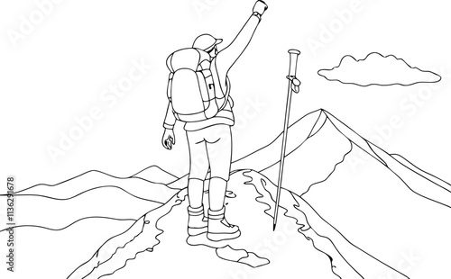 A Hiker Reaching The Peak Of A Mountain Hand Drawn One Line Art Drawing Illustration