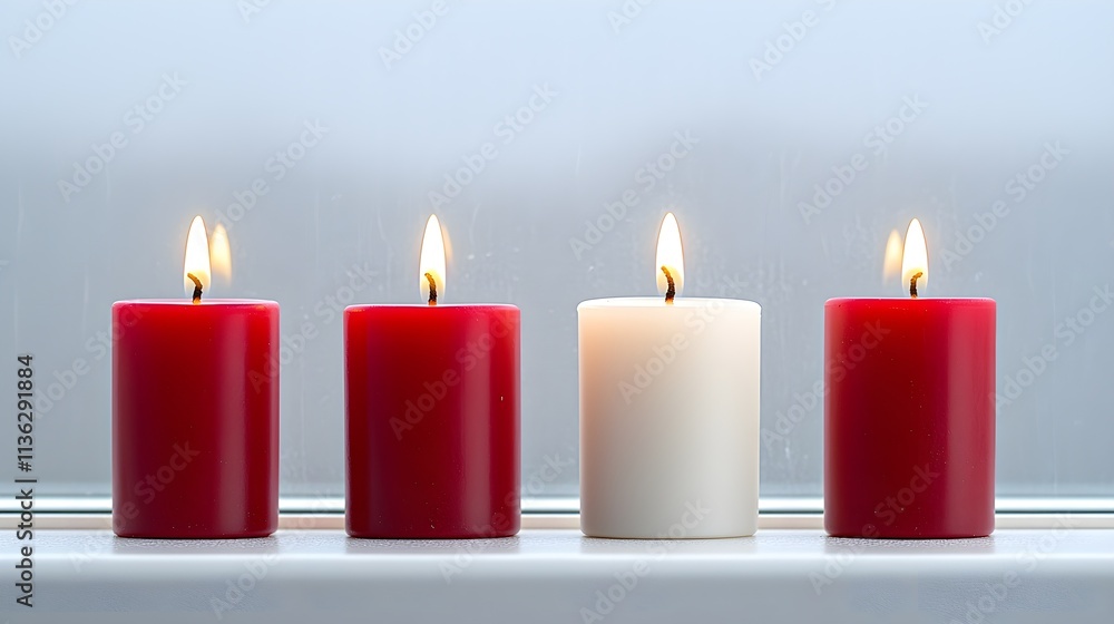 Tranquil Arrangement of Red and White Candles on a Windowsill Tranquil Arrangement of Red and White Candles on a Windowsill