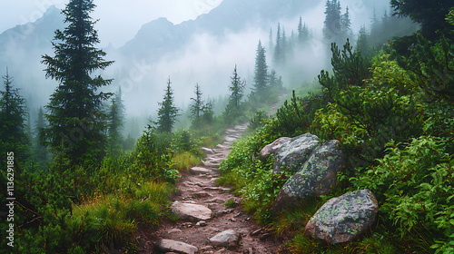 Fototapeta Naklejka Na Ścianę i Meble -  A forest with a path through it and a few trees