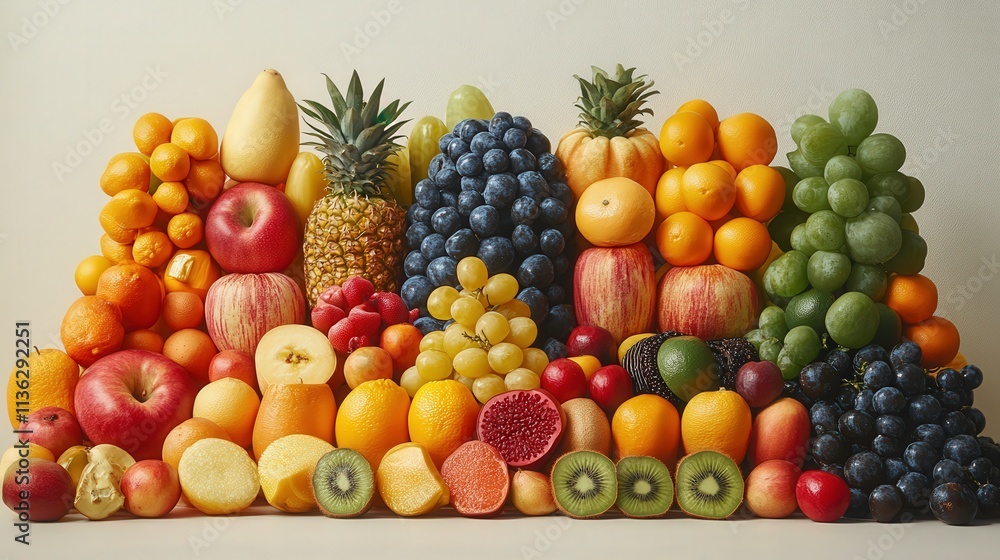 A Vibrant Display of Varied Fresh Fruits Including Apples, Oranges, Grapes, Pineapples, and Berries Showcasing a Colorful Arrangement on Neutral Background A Vibrant Display of Varied Fresh Fruits Including Apples, Oranges, Grapes, Pineapples, and Berries Showcasing a Colorful Arrangement on Neutral Background