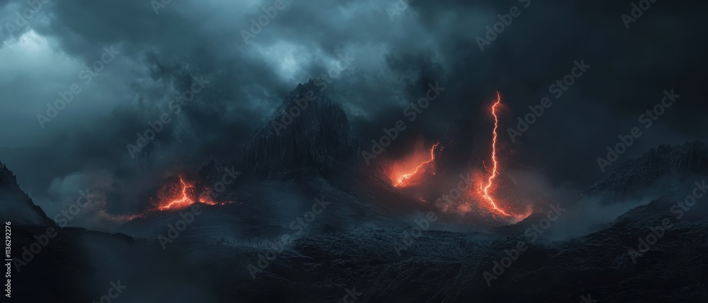 Dark storm clouds loom over mountains as lightning illuminates the night sky in a dramatic weather display Dark storm clouds loom over mountains as lightning illuminates the night sky in a dramatic weather display